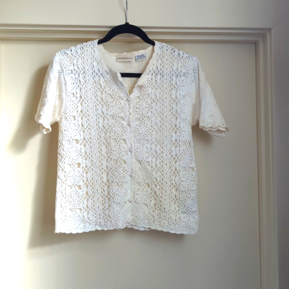 Vintage cream cardigan short sleeve sweater with pearl accents